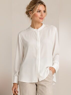 VINCE Off-White Mandarin Collar Luxury Stretch Silk-Blend Button Front Shirt(12)